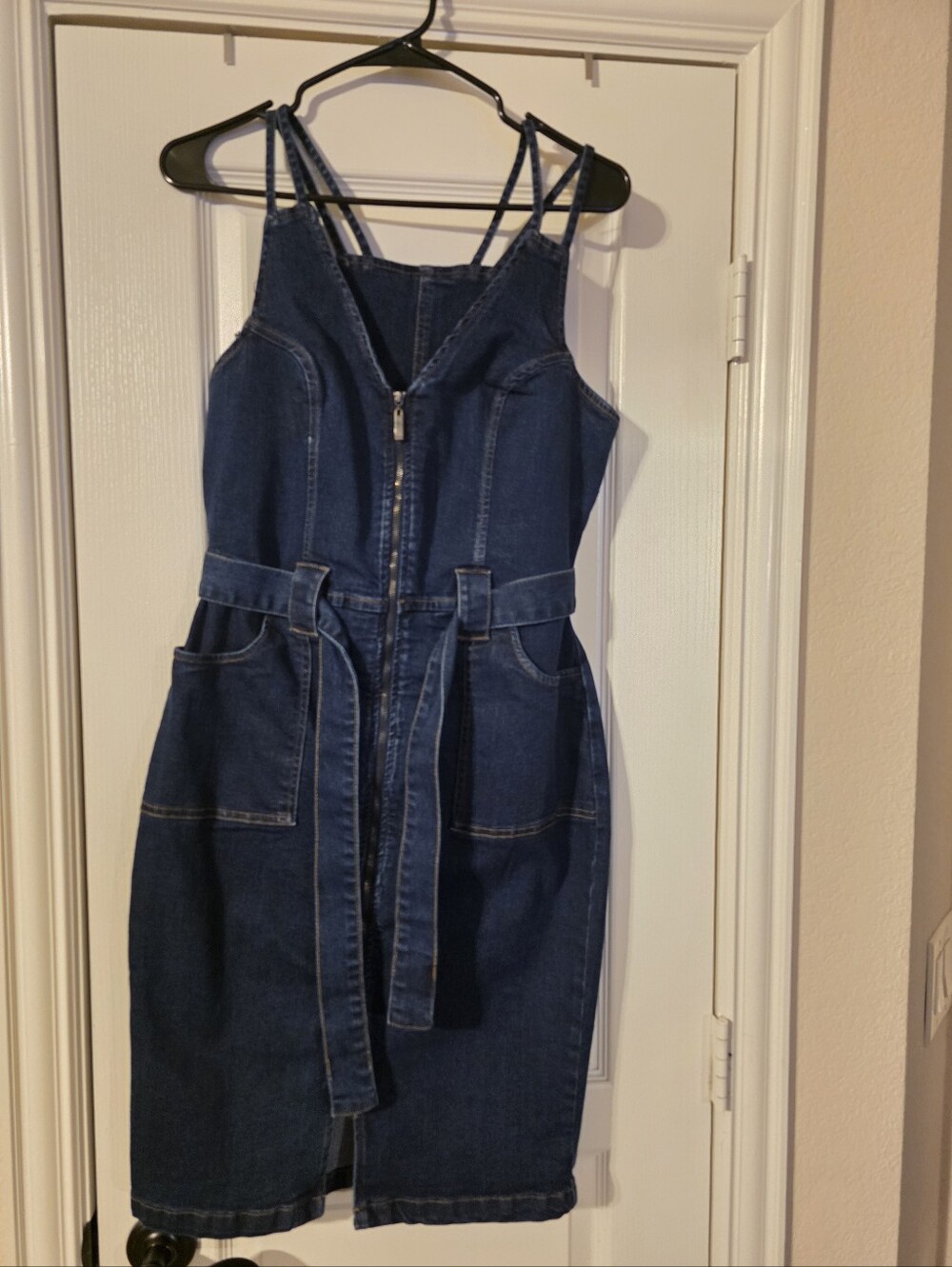 Denim Zip-Front Belted Midi Dress - Dark Blue